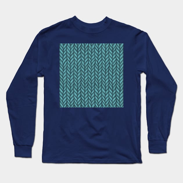 Teal Winter Knit Pattern Drawing Long Sleeve T-Shirt by Slightly Unhinged